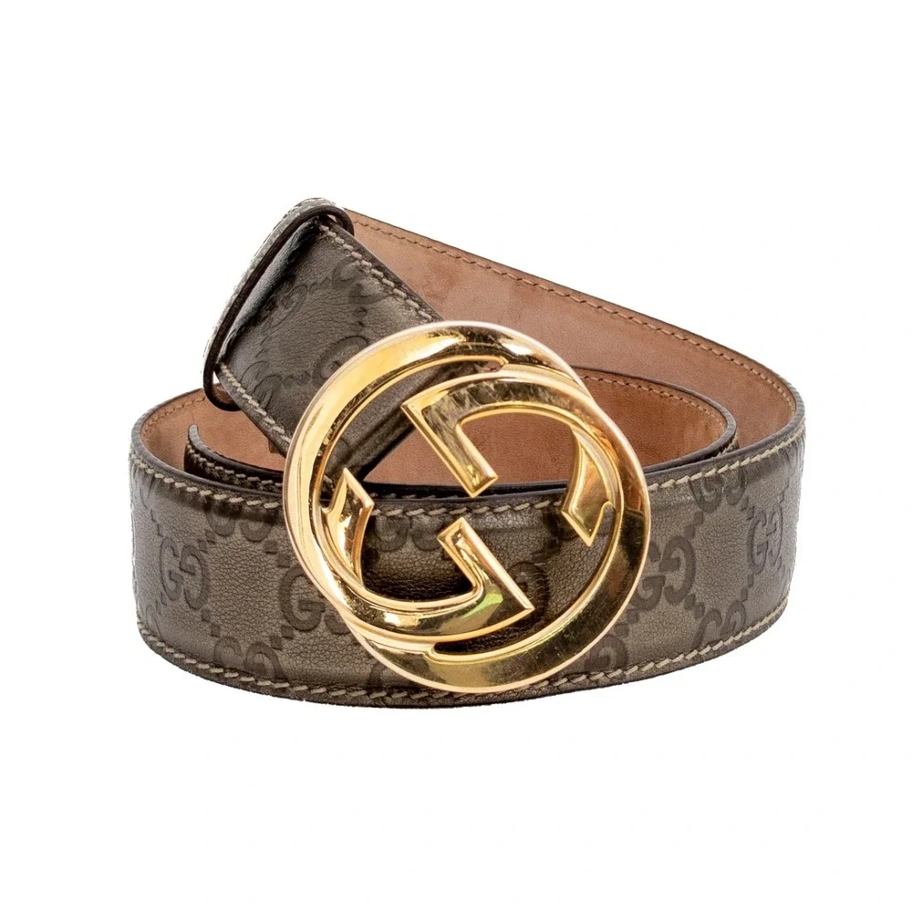 Women's GucciGuccissima GG Interlocking Belt 75/30 Olive Green Gold Buckle‎